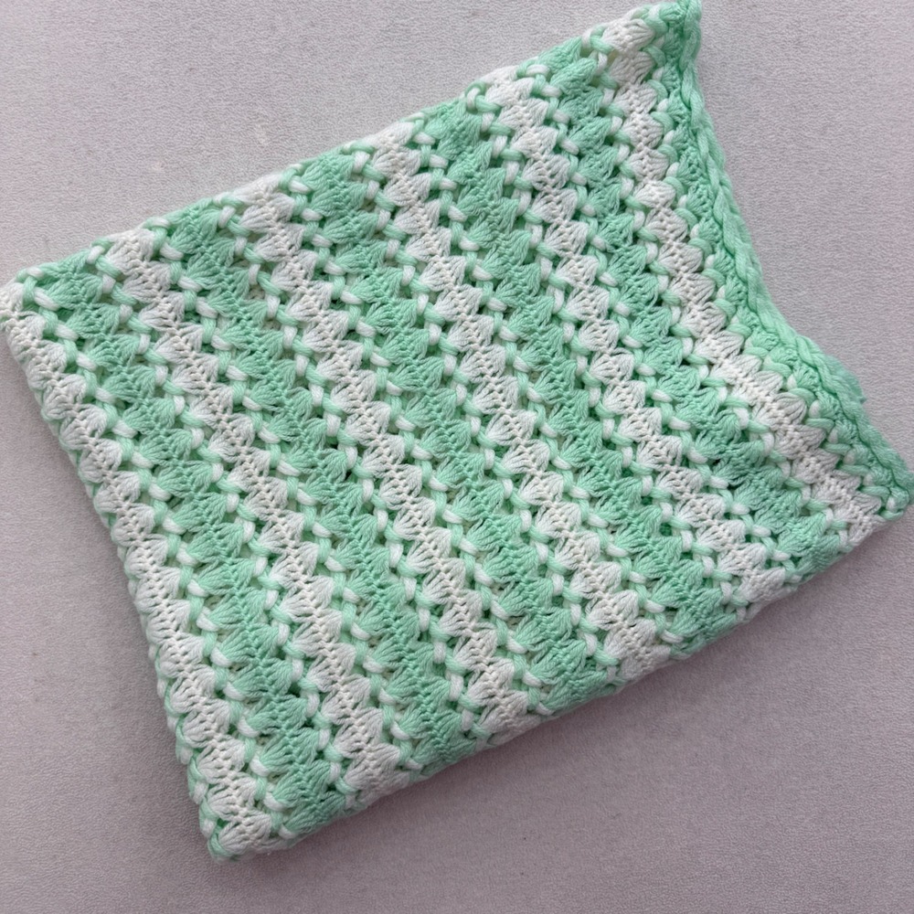 Handmade Crochet Baby Blanket 44x32 Mint Green White Braided Stripe Throw